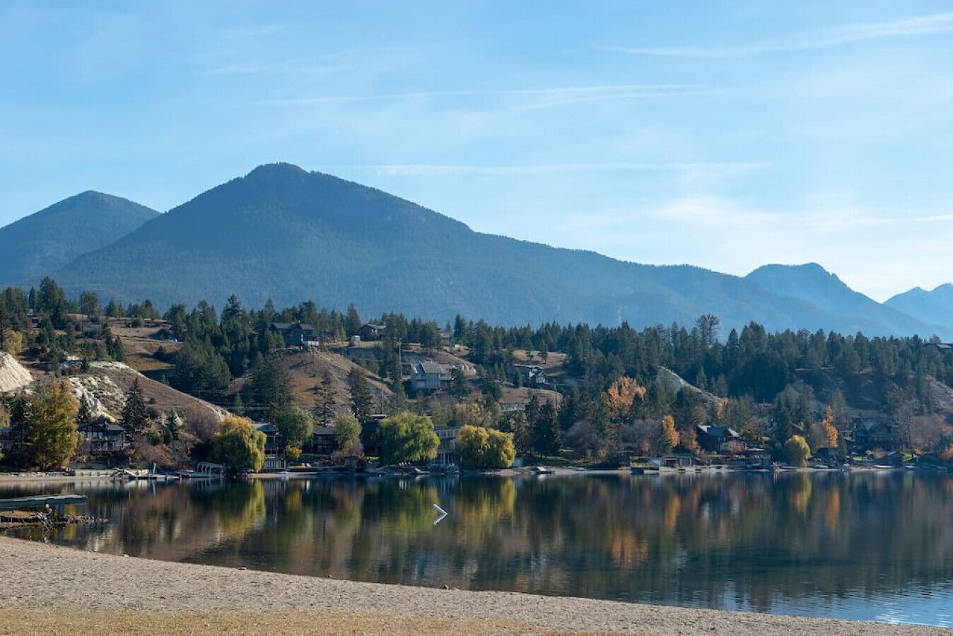 Blick auf einen See mit einem Berg im Hintergrund, Häuser am Ufer und einem klaren Himmel.