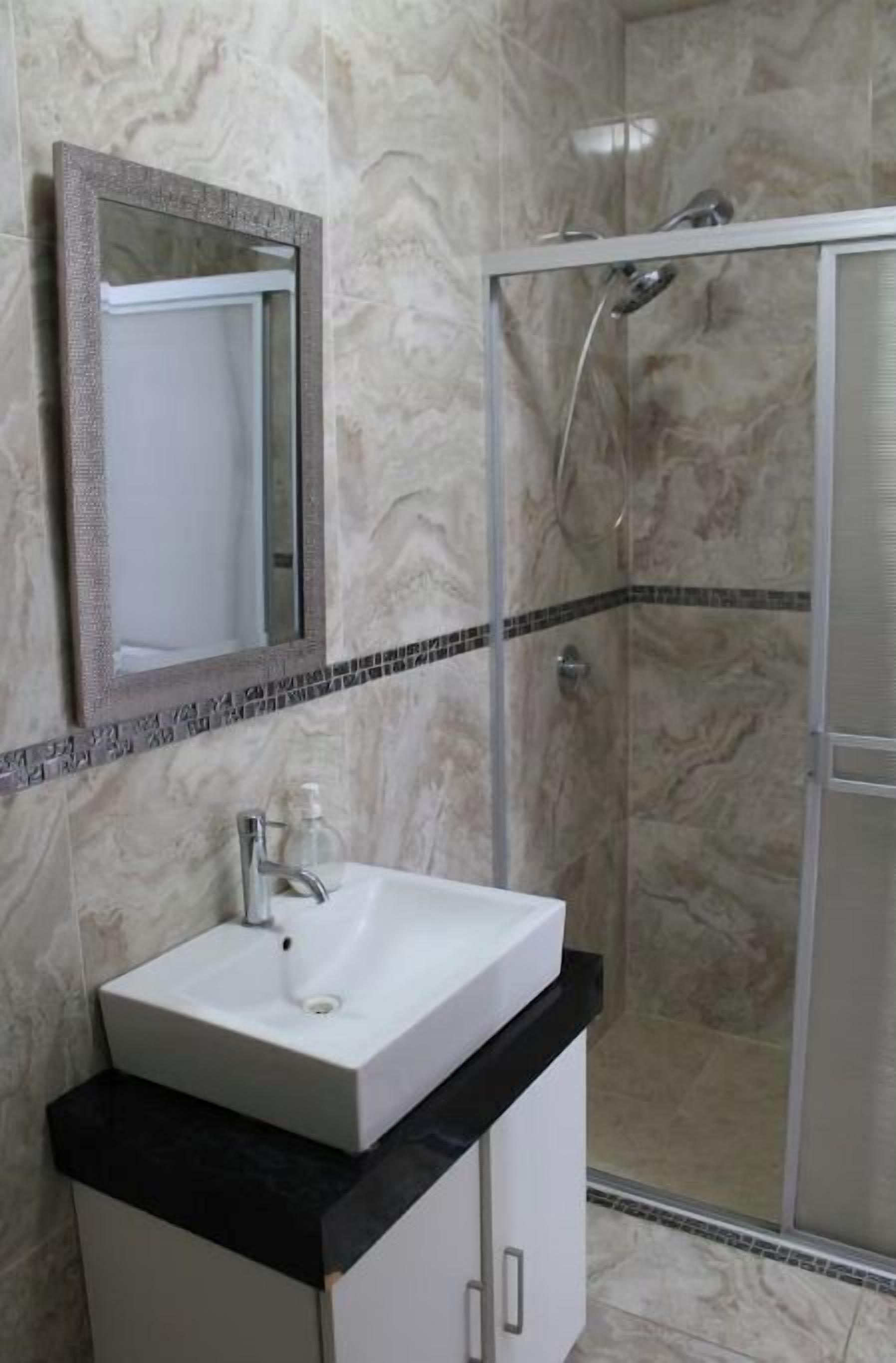 Shower, hair dryer, bidet, towels