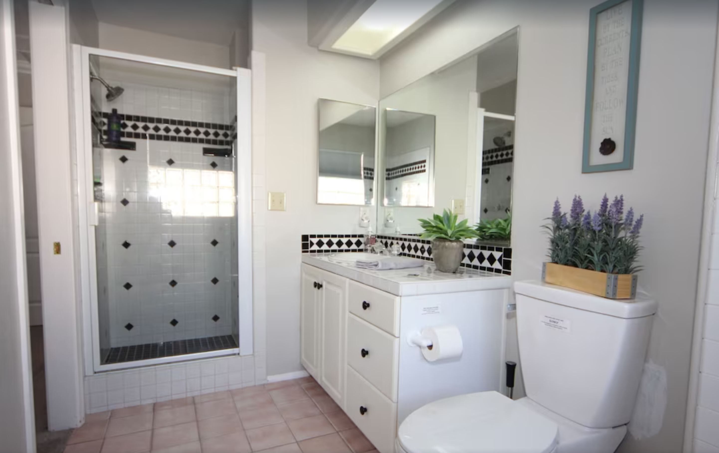 Een badkamer met douche, toilet en wastafel met spiegel.