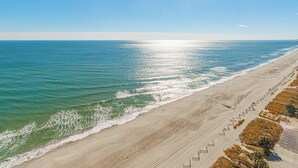 A beach with a clear sky, calm sea, and a long stretch of sand with wooden structures. - NEW! Palace Resort TRUE Oceanfront STUDIO Condo (Myrtle Beach)