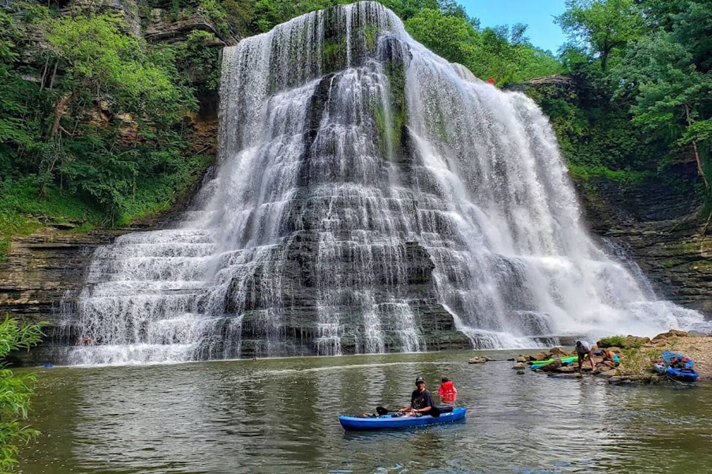 Una cascada se precipita en un río rodeado de abundante vegetación.