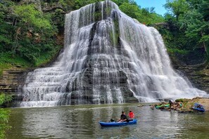 Ein Wasserfall stürzt in einen Fluss, umgeben von dichtem Grün.