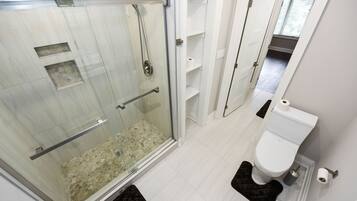 Shower, towels, soap, shampoo