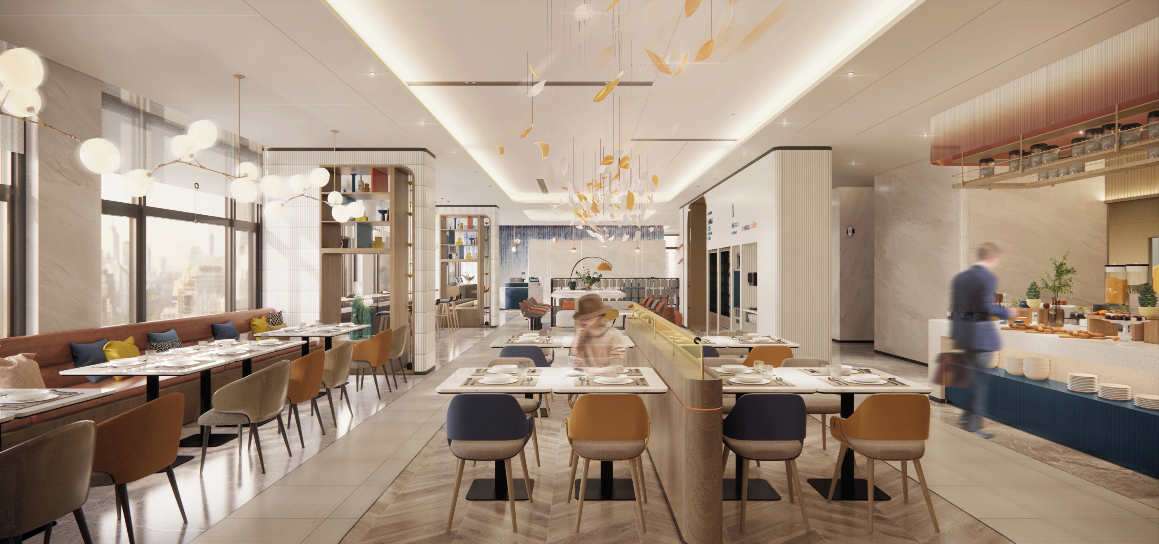 Un restaurante moderno con una barra alargada, varias zonas de estar y una cocina a la vista.