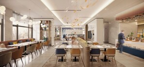 A modern restaurant with a long counter, multiple seating areas, and a visible kitchen area. - Holiday Inn Express Jiangmen East Station by IHG (Jiangmen)