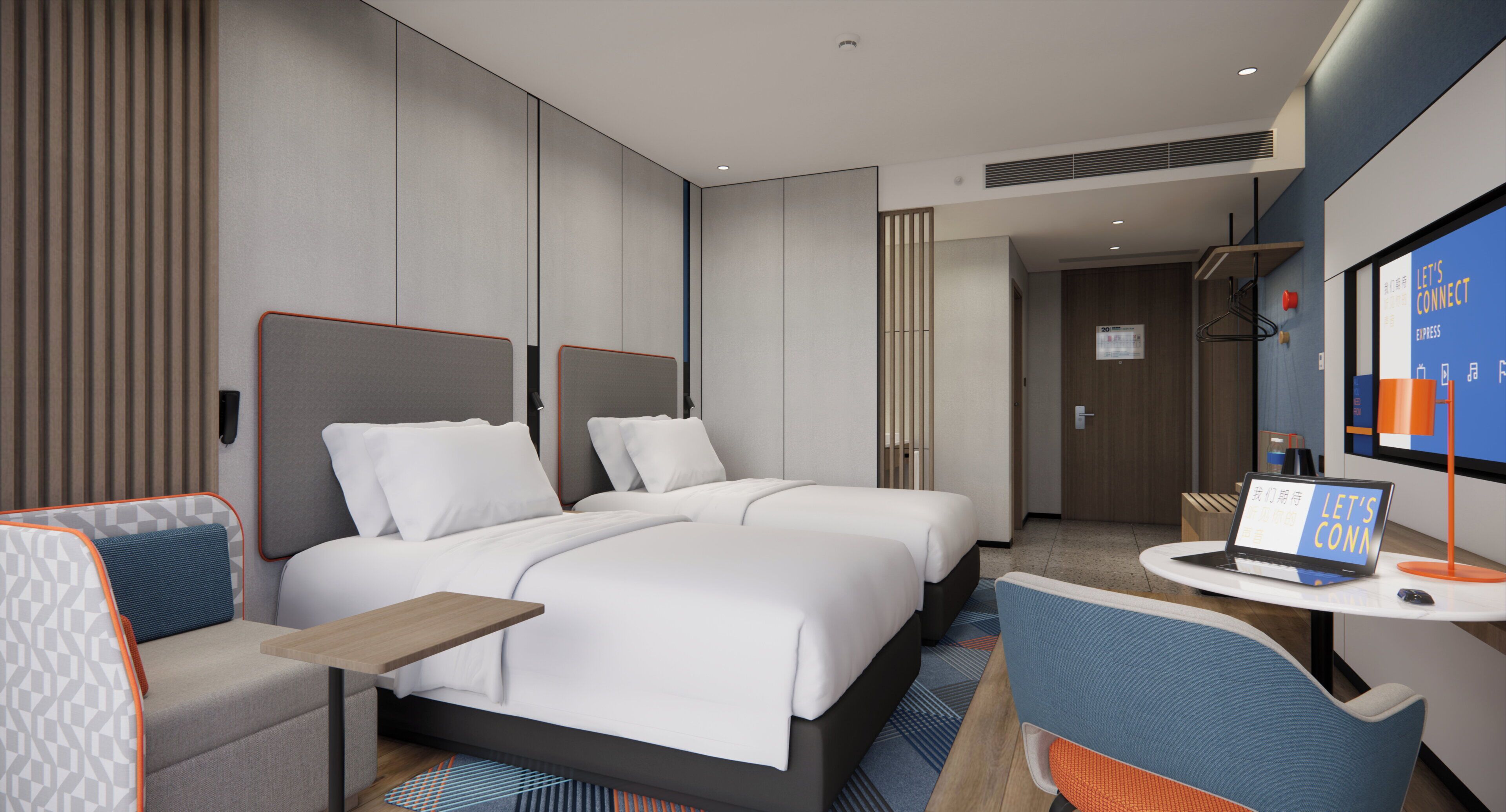 A hotel room with two beds, a desk with a laptop, a chair, and a TV screen displaying 'Let's Connect.'