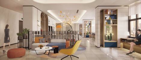 A modern hotel lobby with a seating area, a reception desk, and a large window offering a view of the city.