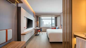 Desk, laptop workspace, blackout drapes, soundproofing