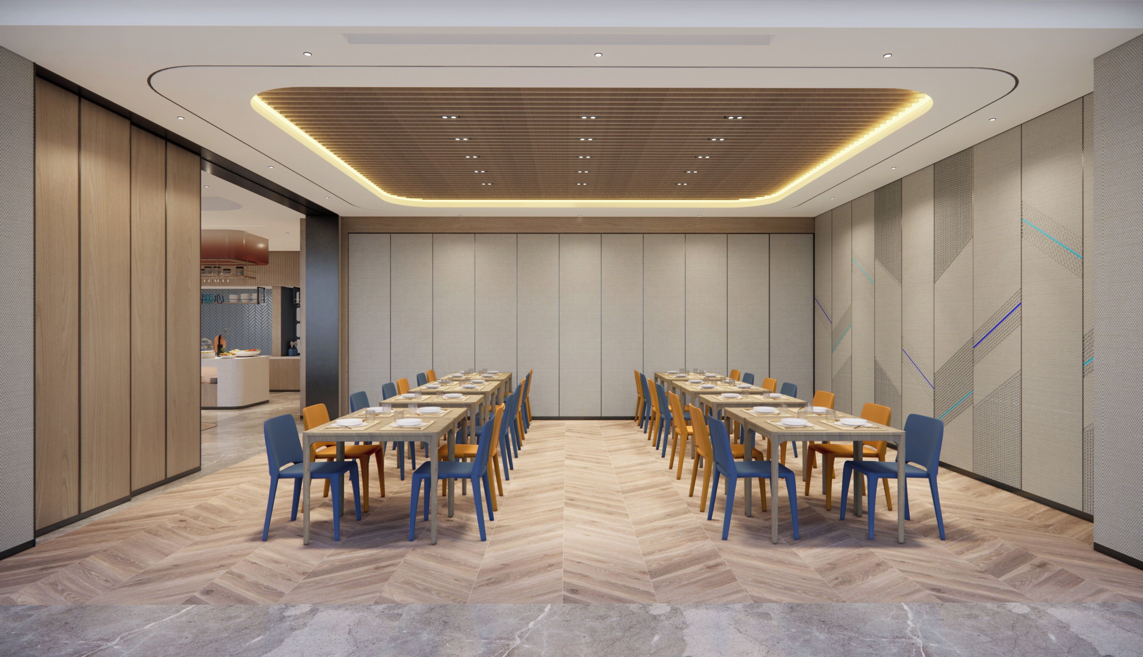 A conference room with a long table, chairs, and a herringbone-patterned floor.