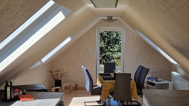 A modern kitchen with skylights, a dining area with a table and chairs, and a view of greenery outside.