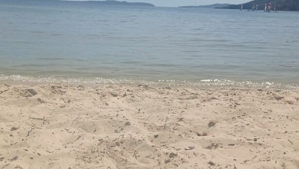 Ein sandiger Strand mit freiem Blick auf das Meer und sanfte Hügel in der Ferne.