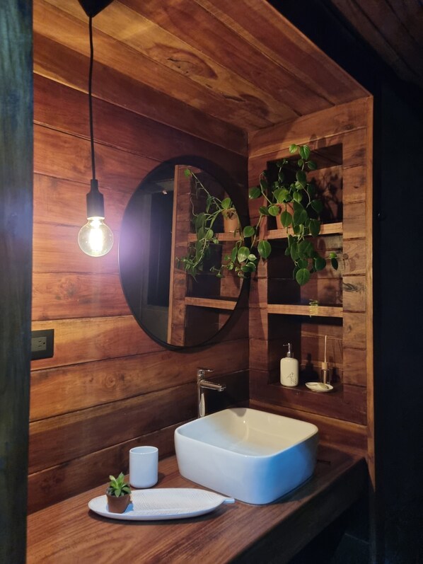 Une salle de bain moderne avec un meuble-lavabo en bois, un grand miroir, un luminaire rond et une plante en pot.