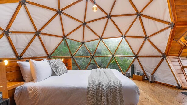 A spacious, well-lit room with a large bed, wooden beams, and a view of greenery outside. - Naturave #1 Into the woods, 1 (Monte Verde)