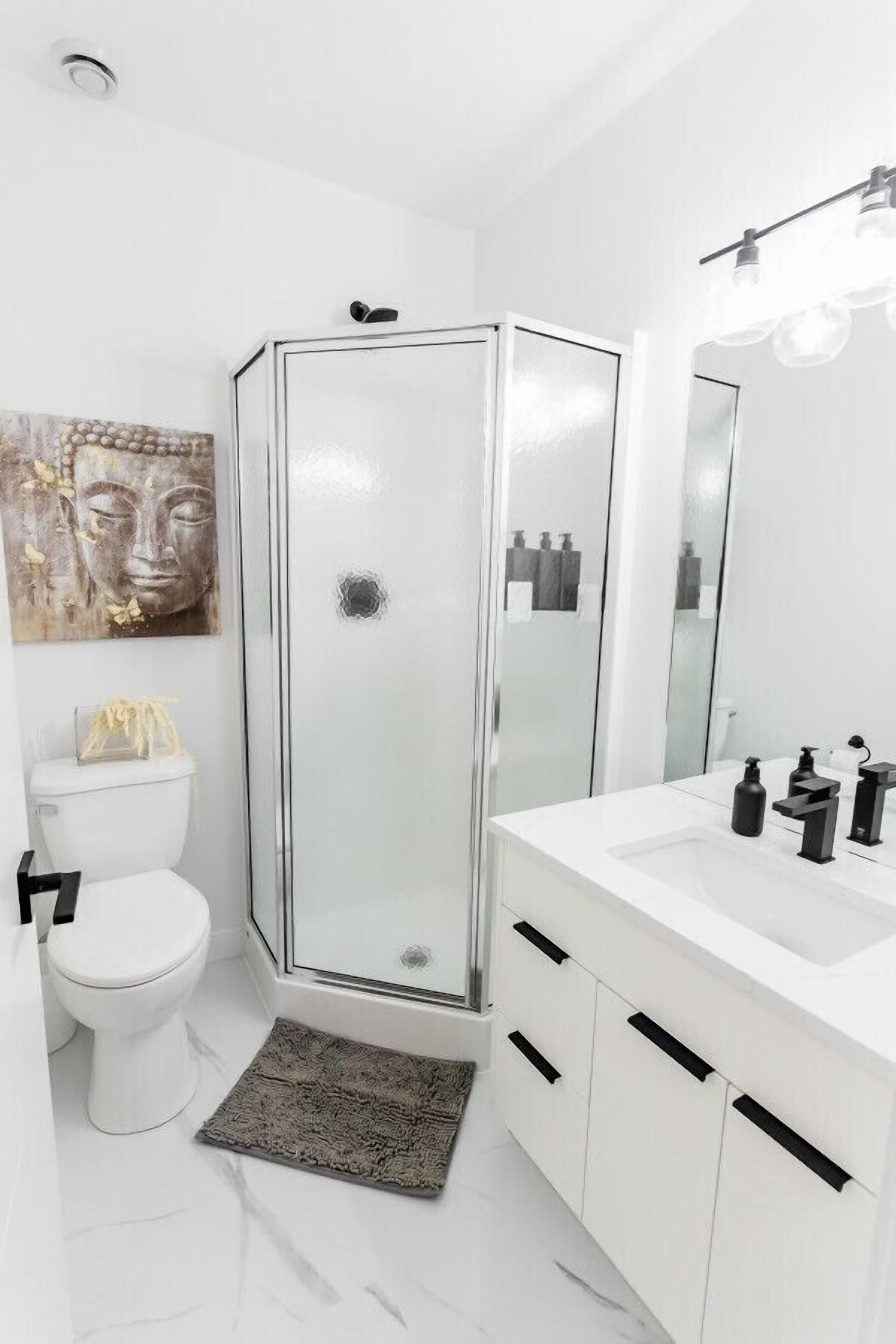 Hair dryer, towels, soap, shampoo