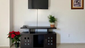A modern living room with a flat-screen TV mounted on the wall, a dark wooden entertainment unit with a potted plant, and a framed picture on the wall.
