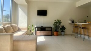 A modern living room with a sofa, a flat-screen TV mounted on the wall, and a kitchen area with a bar counter and stools.