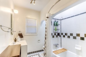 Hair dryer, towels, soap, shampoo