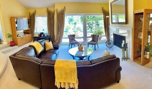 Smart TV, fireplace, books