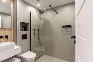 Douche, séchoir à cheveux, serviettes fournies, savon