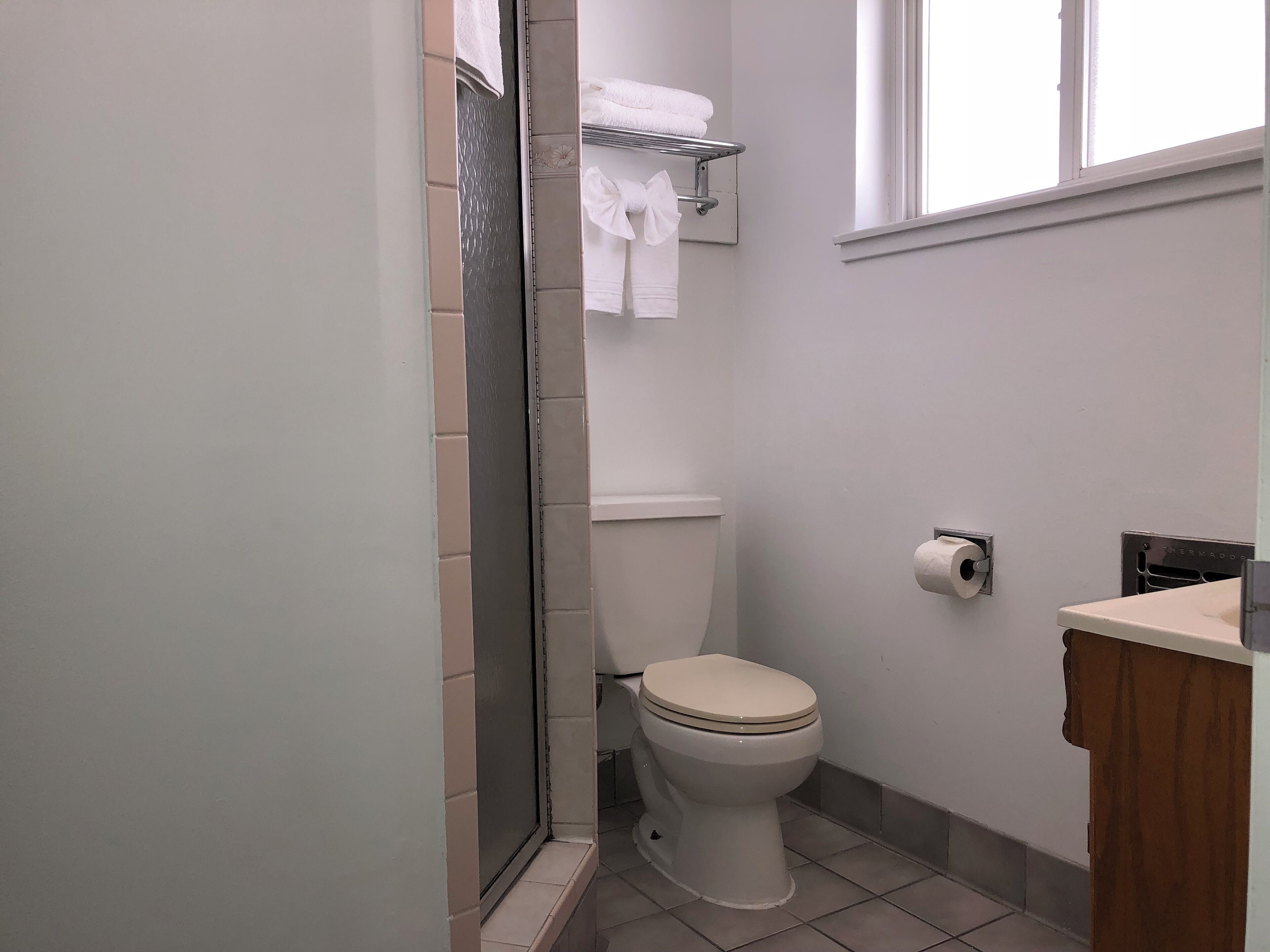 A bathroom with a toilet, a shower, a towel rack, and a toilet paper holder.