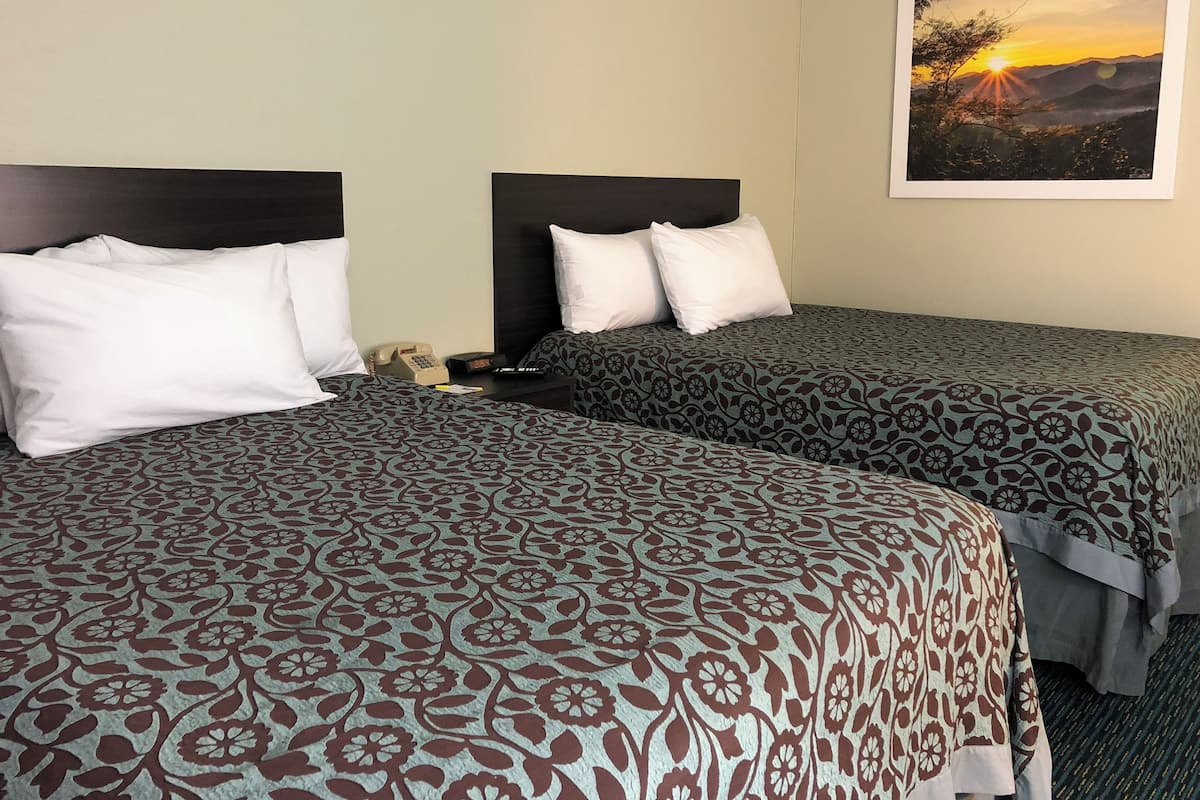A hotel room with two beds, each with patterned bedding and white pillows. There is a nightstand with a telephone and a remote control. A framed picture of a sunset is on the wall.