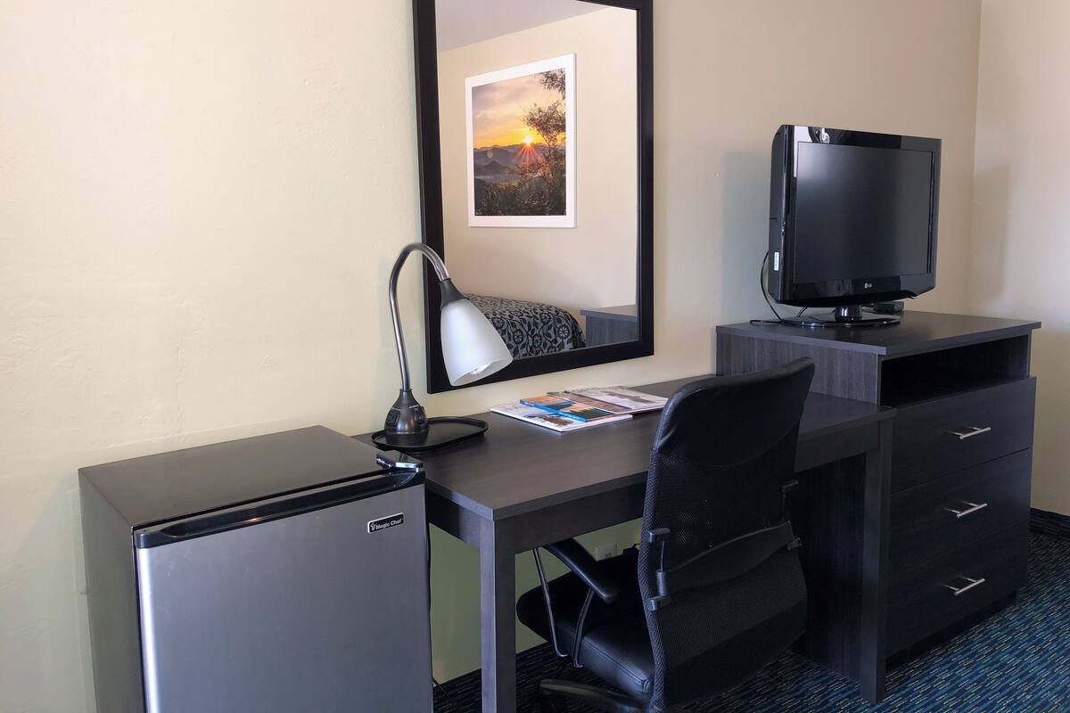 A compact hotel room with a desk, a flat-screen TV, a small refrigerator, a chair, and a framed picture on the wall.