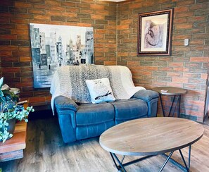 Smart TV, chimenea, libros y biblioteca musical