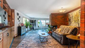 Smart-TV, peis, bøker og musikkbibliotek