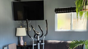Un salon comprenant un vélo d’appartement, un téléviseur à écran plat, un canapé, une lampe et une fenêtre avec une plante.
