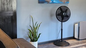 Un salon moderne avec un canapé, un ventilateur sur pied, un ventilateur de plafond, une plante en pot et un tableau accroché au mur.