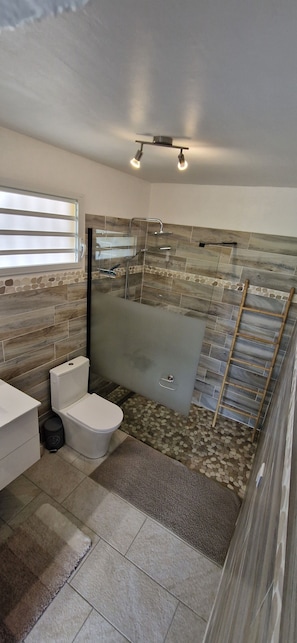 Shower, hair dryer, towels, toilet paper