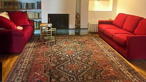 A cozy living room with a fireplace, red sofas, a bookshelf, and a patterned rug. - Fashionable by the canals (Milano)