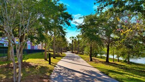 A paved pathway flanked by trees and a body of water, leading towards a building with a curved roof.