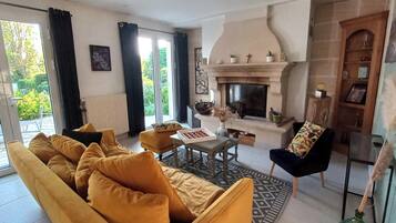 Télévision, cheminée, livres, écrans d'ordinateur