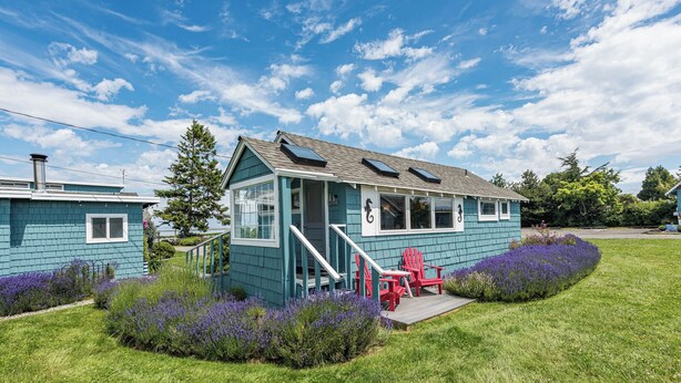 A two-story house with a blue exterior, a front porch with red Adirondack chairs, and a small garden with purple flowers. - Twin View Cottage - King, Futon, jetted tub (Sequim)