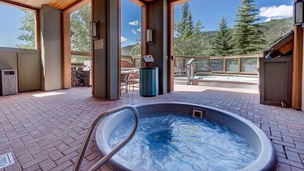 Un espace avec un bain à remous offrant une vue sur la montagne et les arbres.