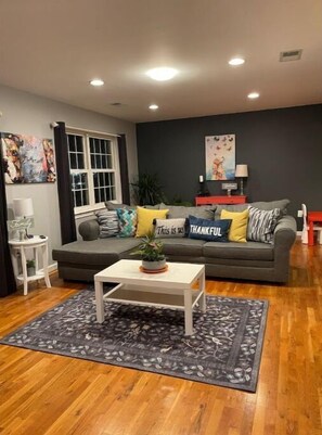 Smart TV, fireplace, books