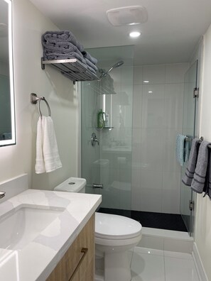Shower, hair dryer, towels, soap
