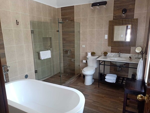 A modern bathroom with a glass-enclosed shower, a freestanding bathtub, a toilet, and a vanity with a sink and mirror. - Parador de Antigua (Antigua Guatemala)