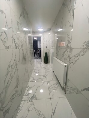 A hallway with marble walls and floor, leading to a room with a radiator and a small plant.