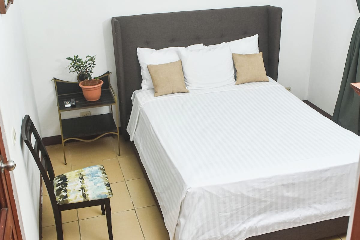 Un lit simple avec une tête de lit sombre, une table de chevet ornée d’un pot de plante, une chaise avec un coussin coloré et un climatiseur fixé au mur.