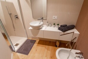Shower, hair dryer, bidet, towels