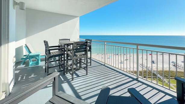 A balcony with a view of the beach and ocean. - Palacio 805 | Beachfront | Beachside & Indoor Pool, Hot Tub | My Beach Getaways (Pensacola)
