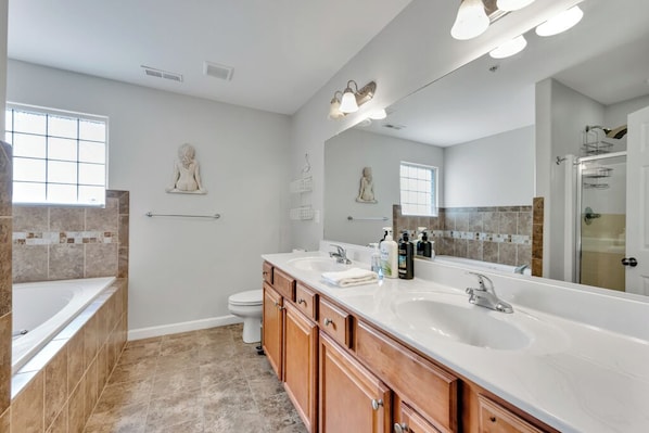 Hair dryer, towels, soap, shampoo