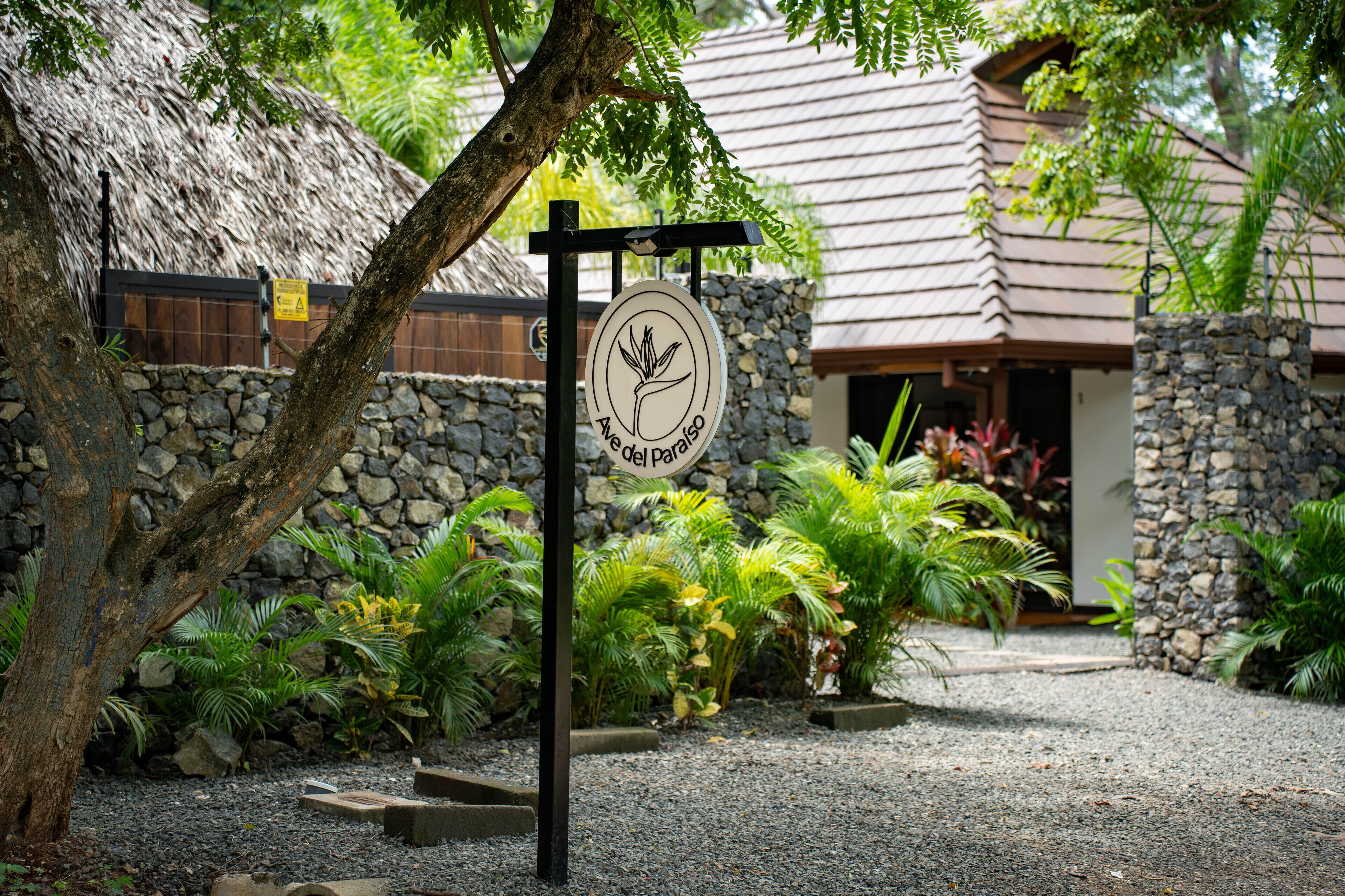 A sign with a logo and text, a stone wall, and tropical plants.