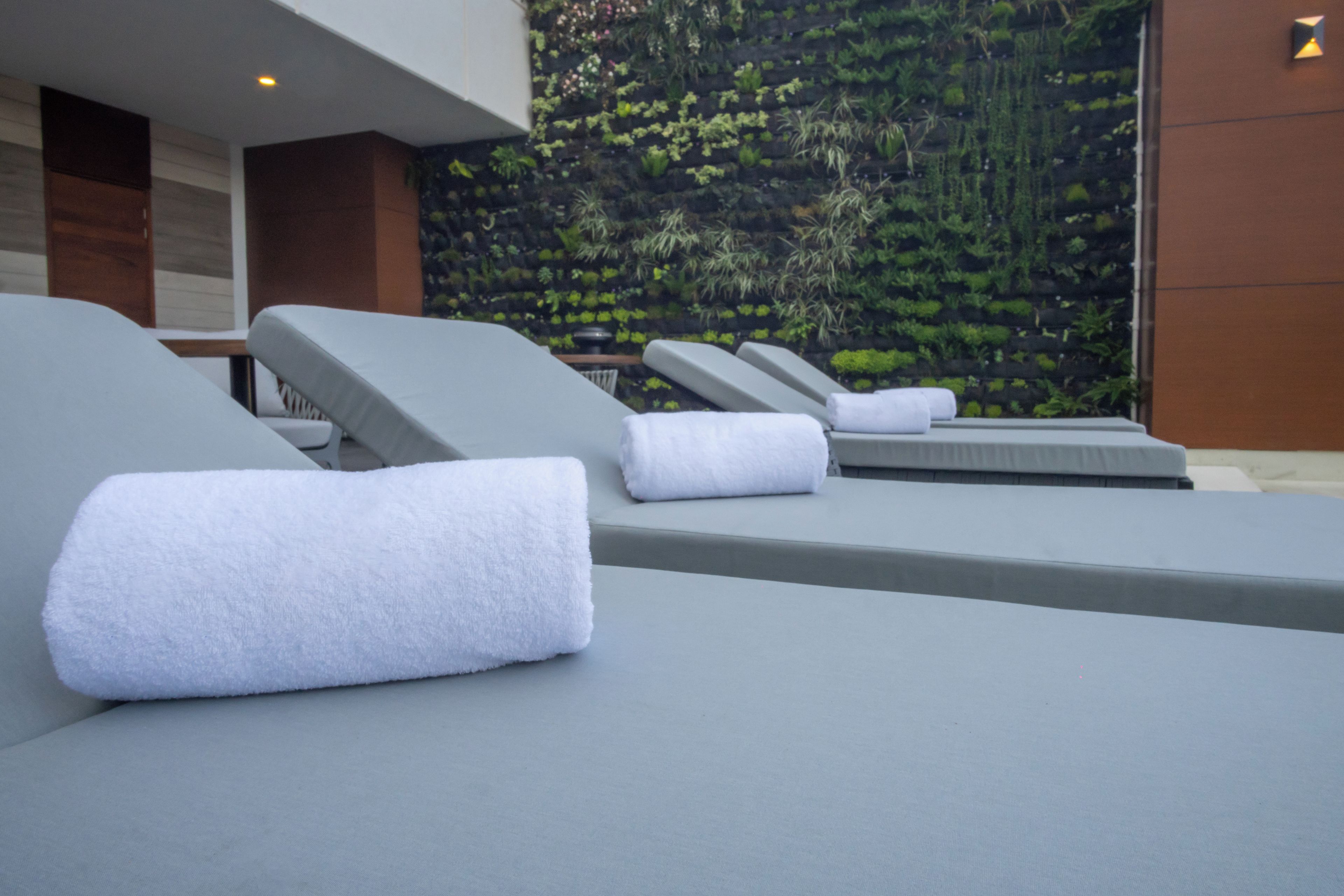 Uma área de spa moderna com espreguiçadeiras e uma parede vertical com jardim.