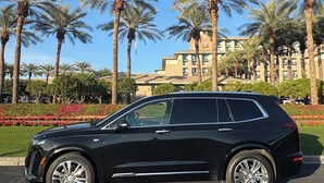 A black SUV parked in a landscaped area with palm trees and a building in the background. - Scottsdale Retreat Outdoor Oasis w/Heated Pool & Spa, Outdoor Kitchen & 100" TV (Scottsdale)