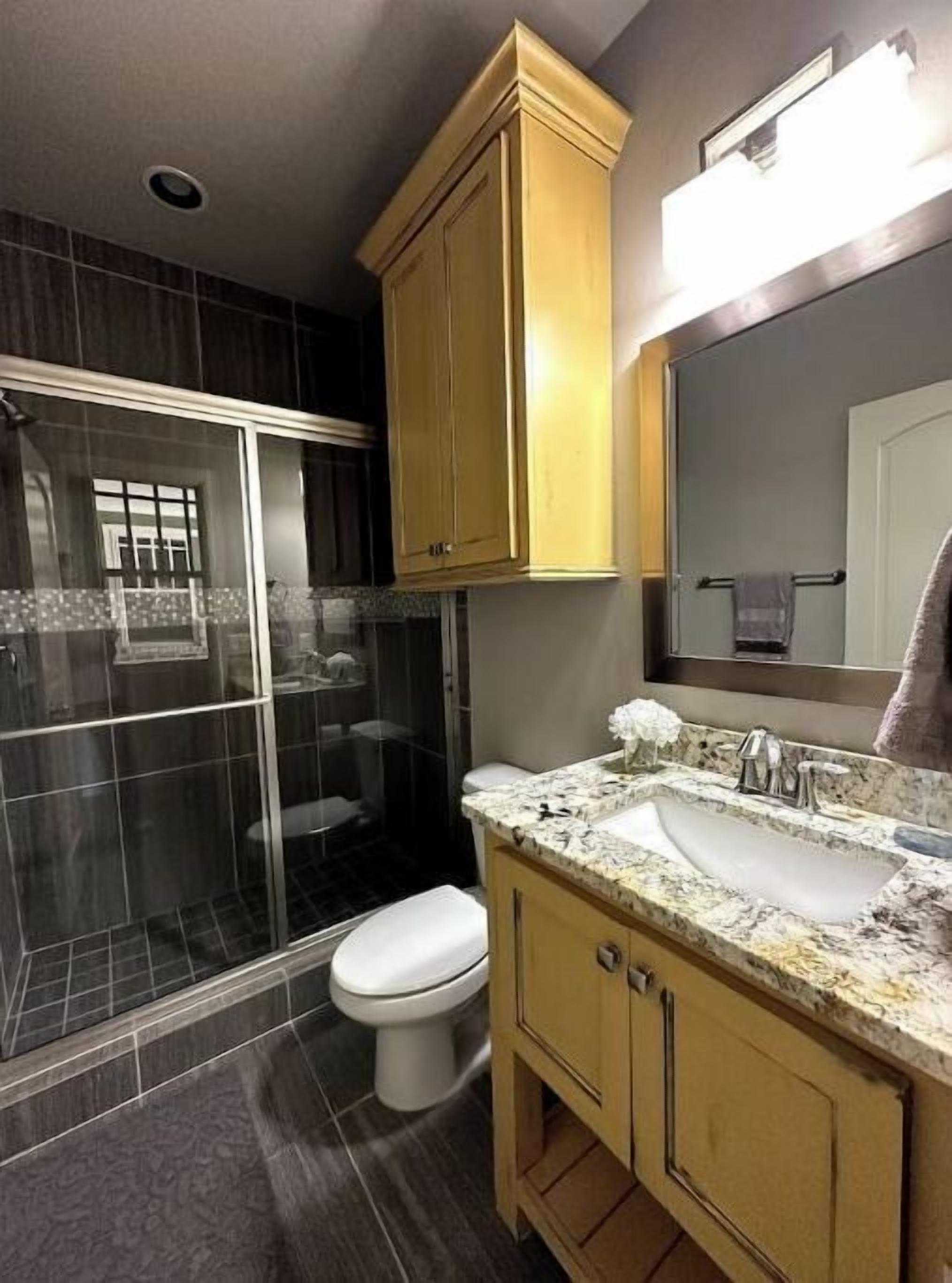 Une salle de bain équipée d’une douche, de toilettes et d’un meuble-lavabo avec un évier.
