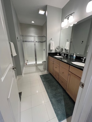 Shower, hair dryer, soap, shampoo