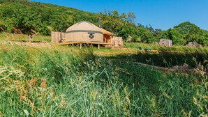 Ein yurt-ähnliches Gebäude mit einer runden Kuppeldecke, umgeben von üppiger Vegetation und blauem Himmel.